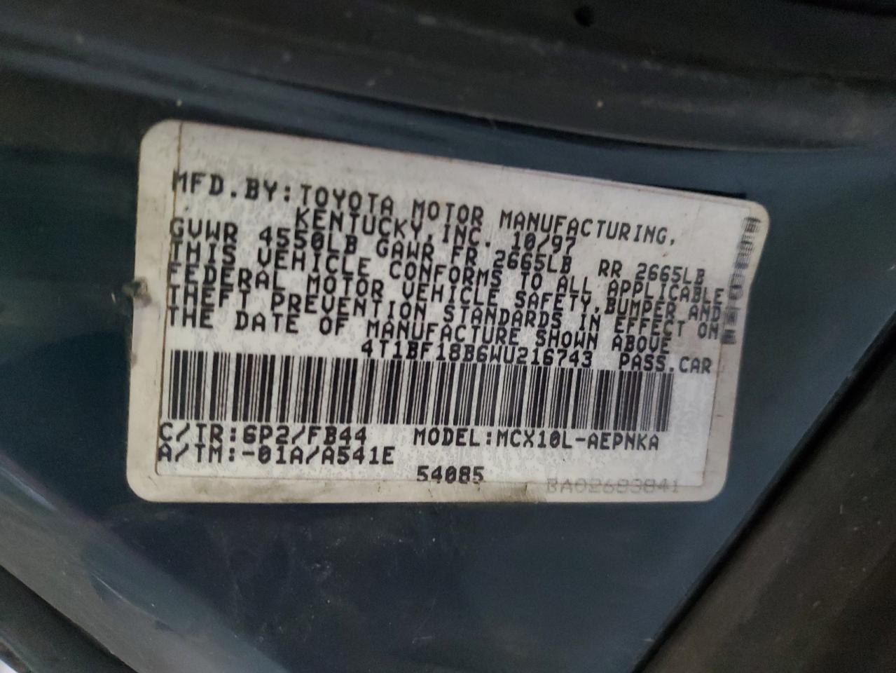 1998 Toyota Avalon Xl VIN: 4T1BF18B6WU216743 Lot: 59841545
