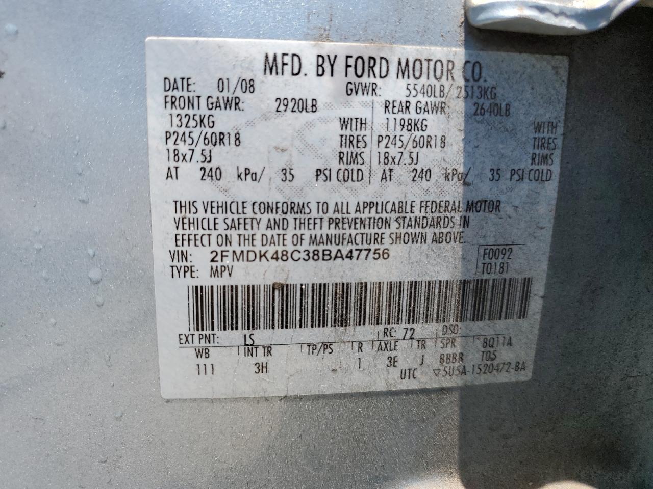 2008 Ford Edge Sel VIN: 2FMDK48C38BA47756 Lot: 62959465