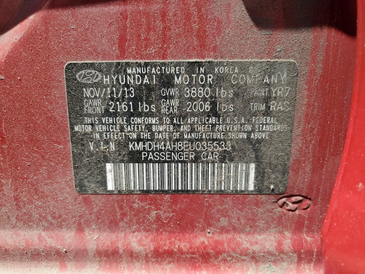 2014 Hyundai Elantra Se VIN: KMHDH4AH8EU035533 Lot: 60842235