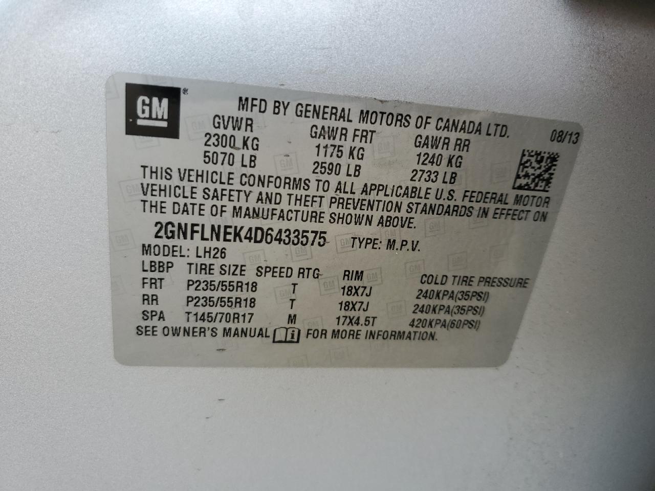 2013 Chevrolet Equinox Lt VIN: 2GNFLNEK4D6433575 Lot: 62939065