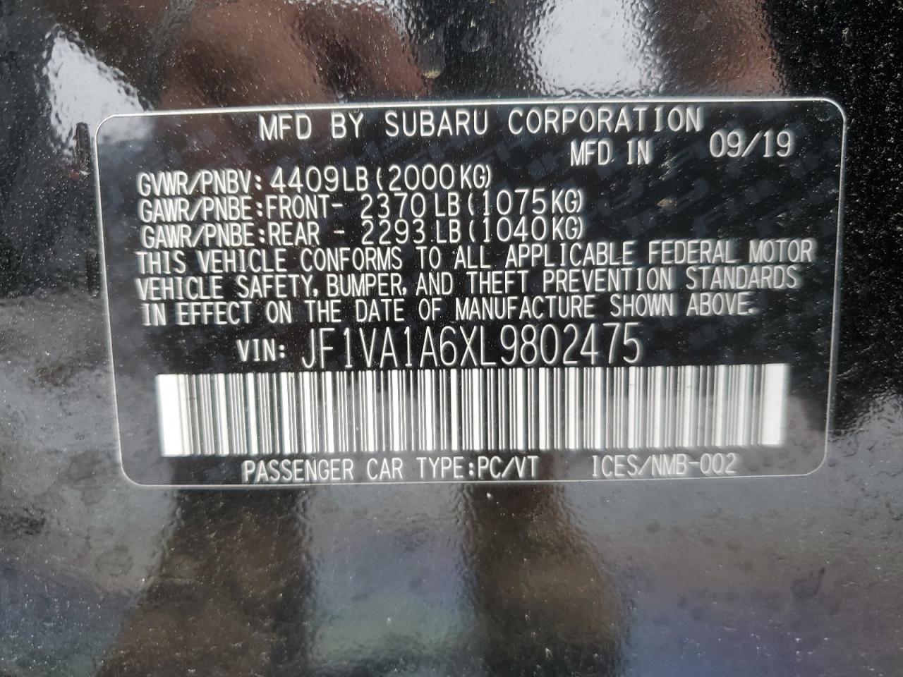 2020 Subaru Wrx VIN: JF1VA1A6XL9802475 Lot: 60427075