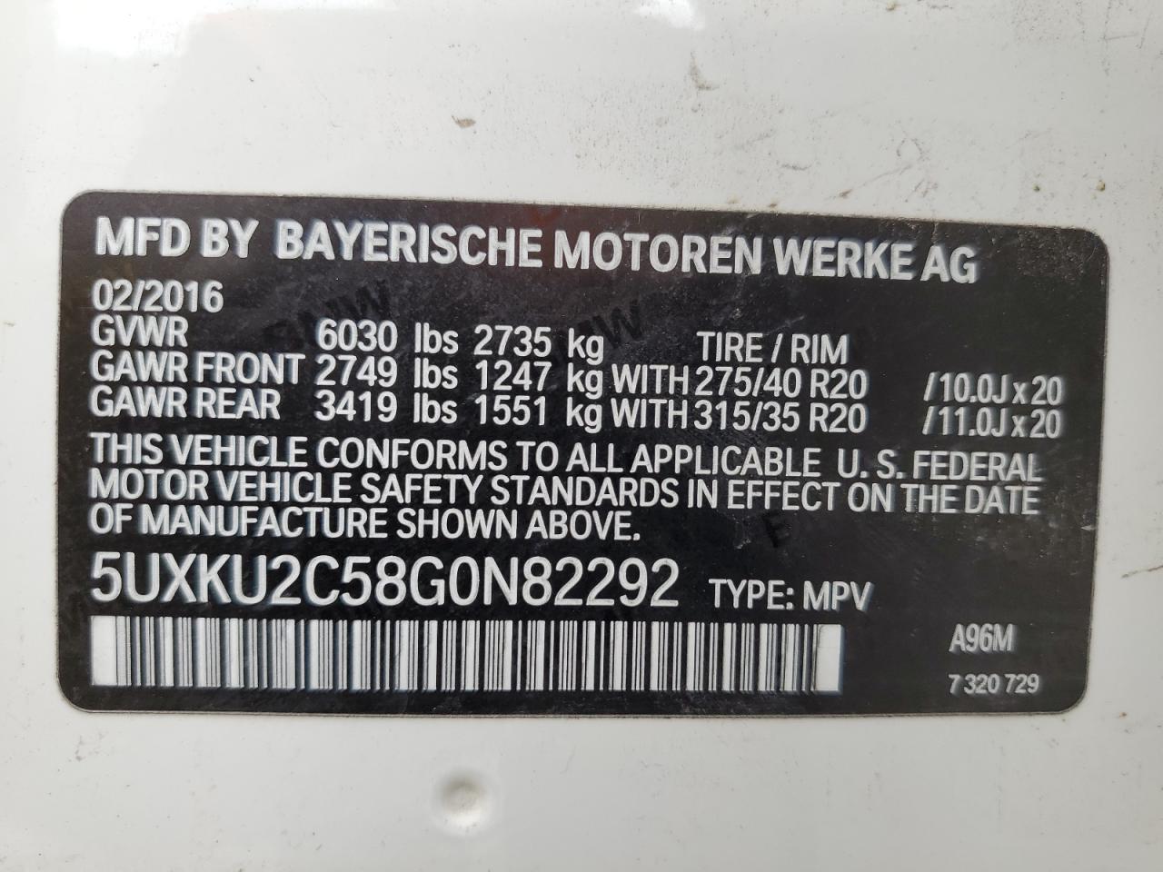 2016 BMW X6 xDrive35I VIN: 5UXKU2C58G0N82292 Lot: 60159905