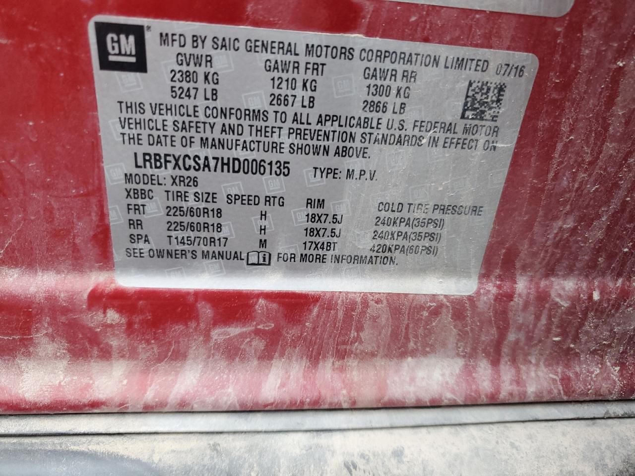 2017 Buick Envision Preferred VIN: LRBFXCSA7HD006135 Lot: 60735655