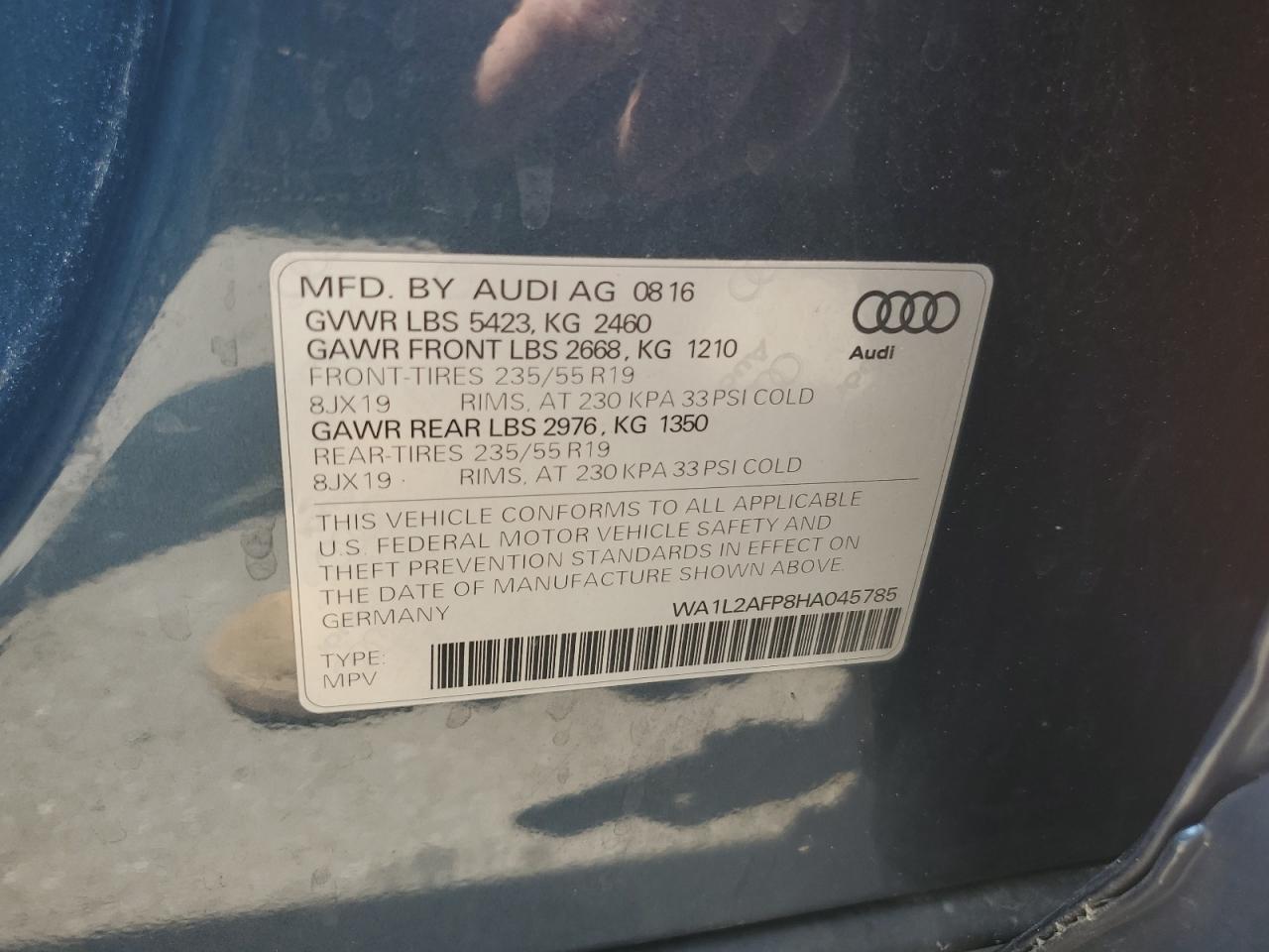2017 Audi Q5 Premium Plus VIN: WA1L2AFP8HA045785 Lot: 61994175