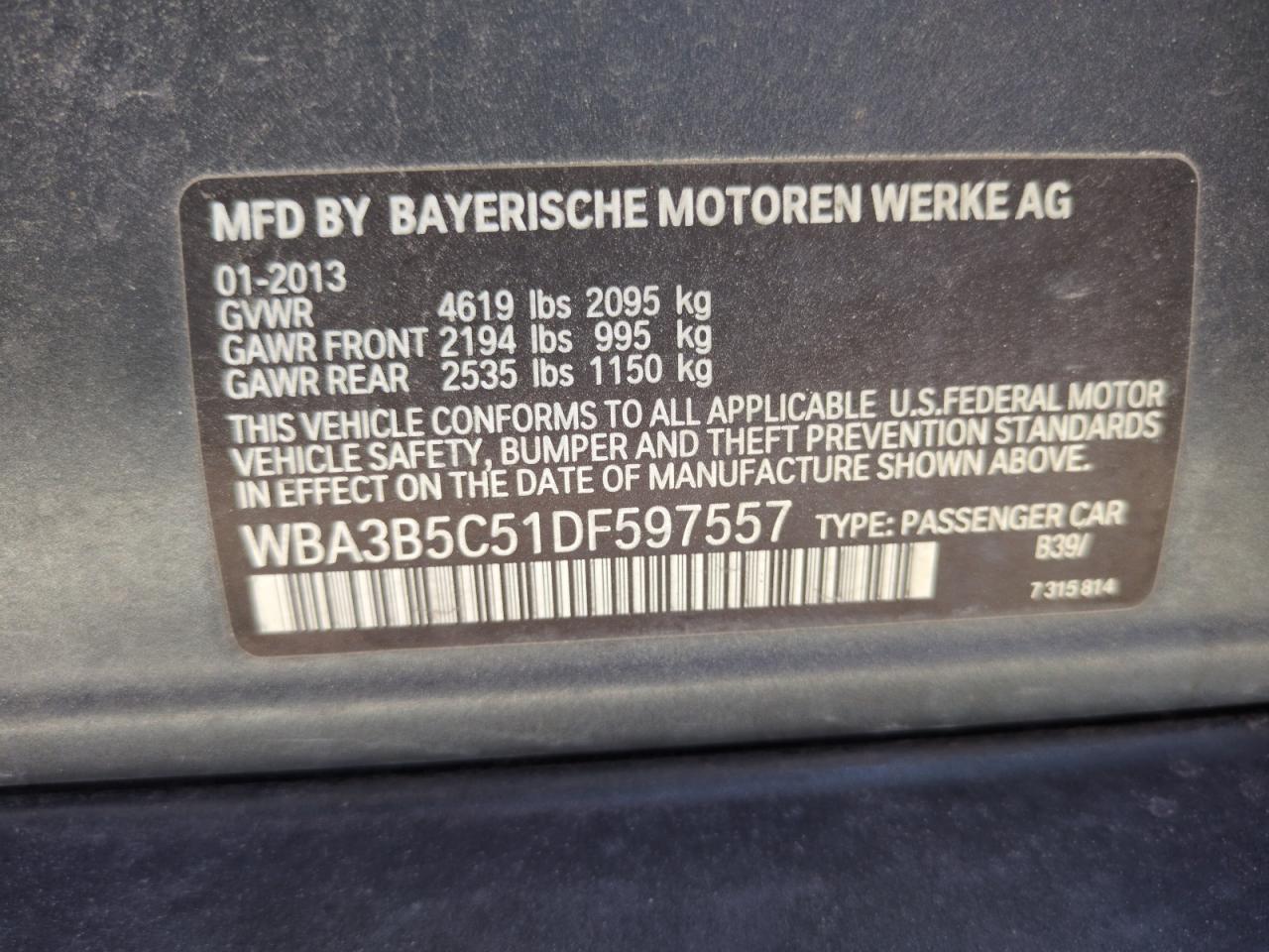 2013 BMW 328 Xi Sulev VIN: WBA3B5C51DF597557 Lot: 62003775