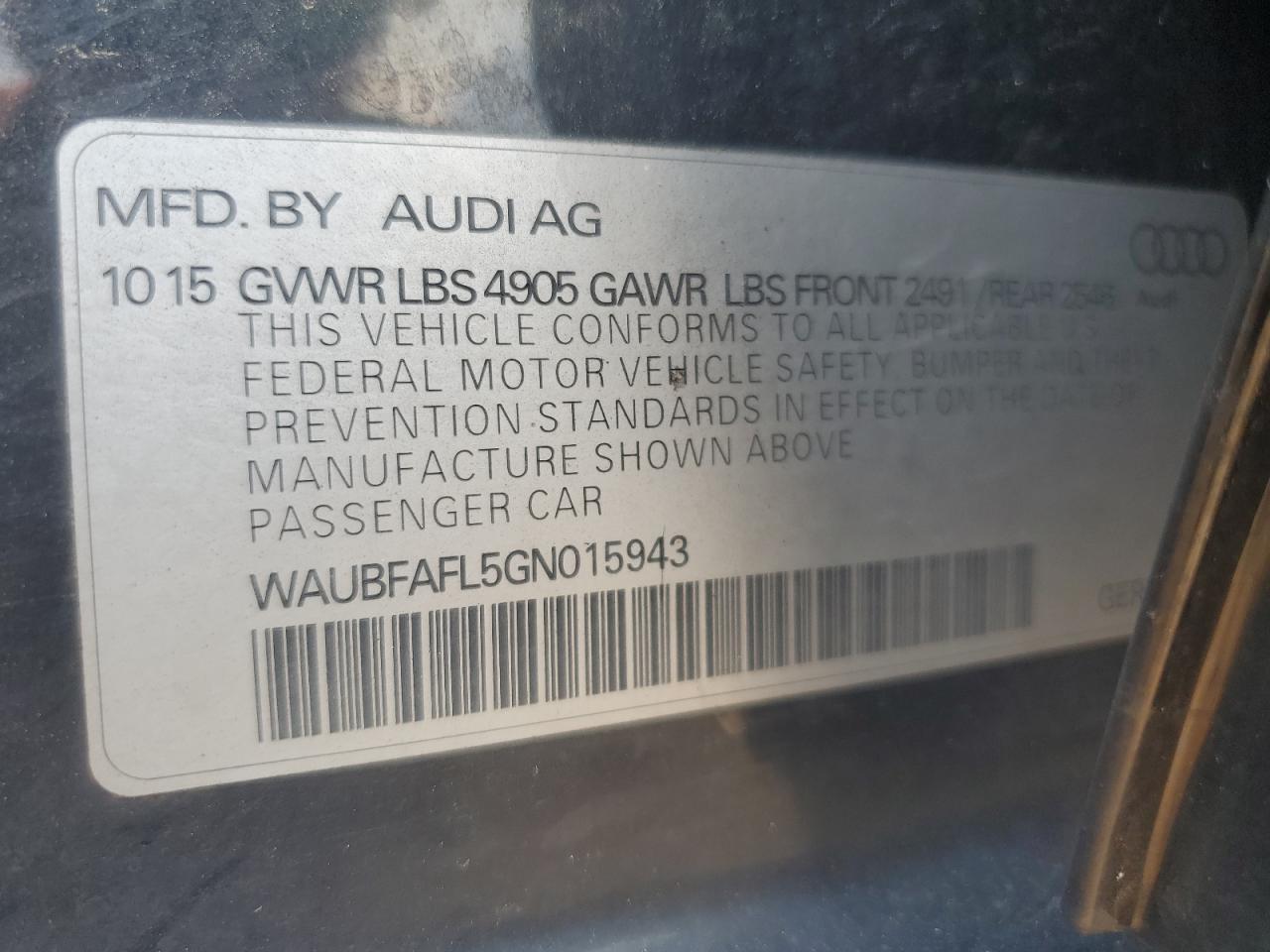 2016 Audi A4 Premium S-Line VIN: WAUBFAFL5GN015943 Lot: 62511335