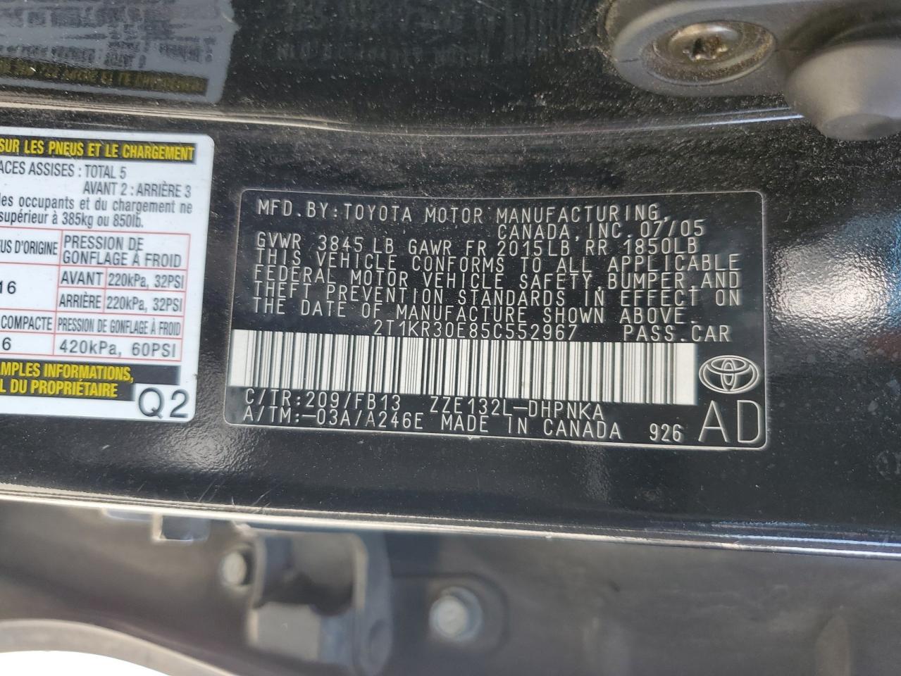 2005 Toyota Corolla Matrix Xr VIN: 2T1KR30E85C552967 Lot: 59879785