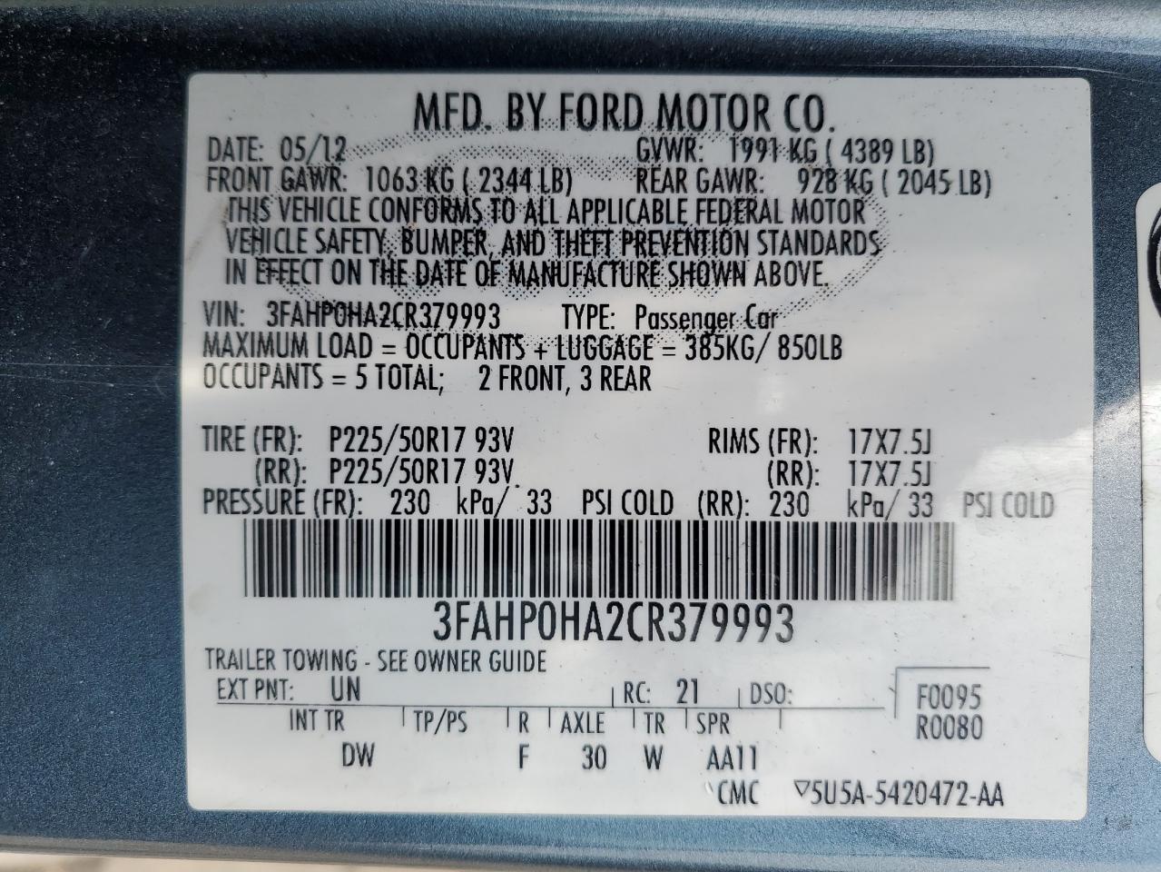 2012 Ford Fusion Se VIN: 3FAHP0HA2CR379993 Lot: 61362965