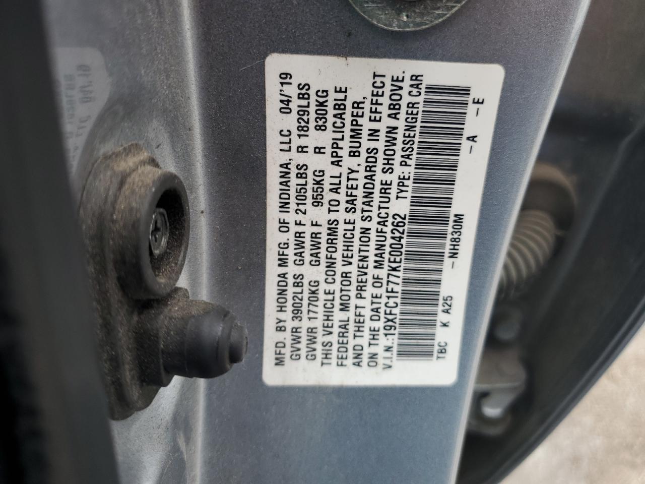 2019 Honda Civic Exl VIN: 19XFC1F77KE004262 Lot: 59961705