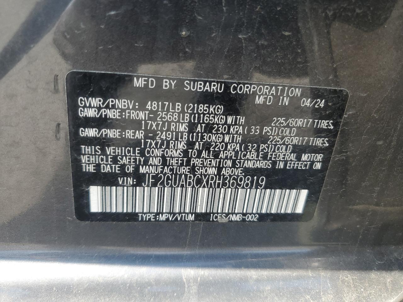 2024 Subaru Crosstrek VIN: JF2GUABCXRH369819 Lot: 62099685
