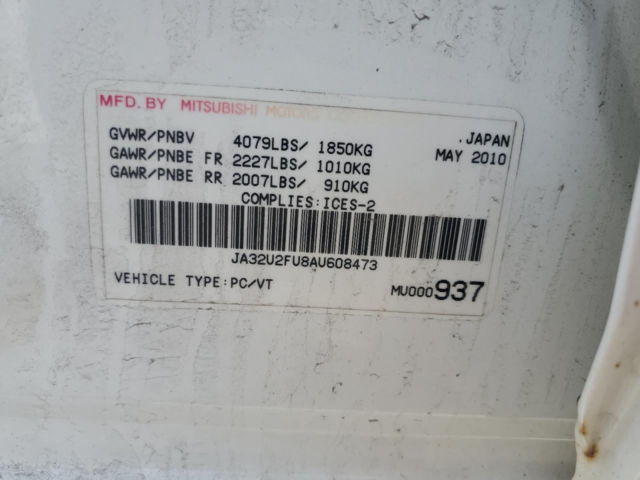 2010 Mitsubishi Lancer Es/Es Sport VIN: JA32U2FU8AU608473 Lot: 60212535