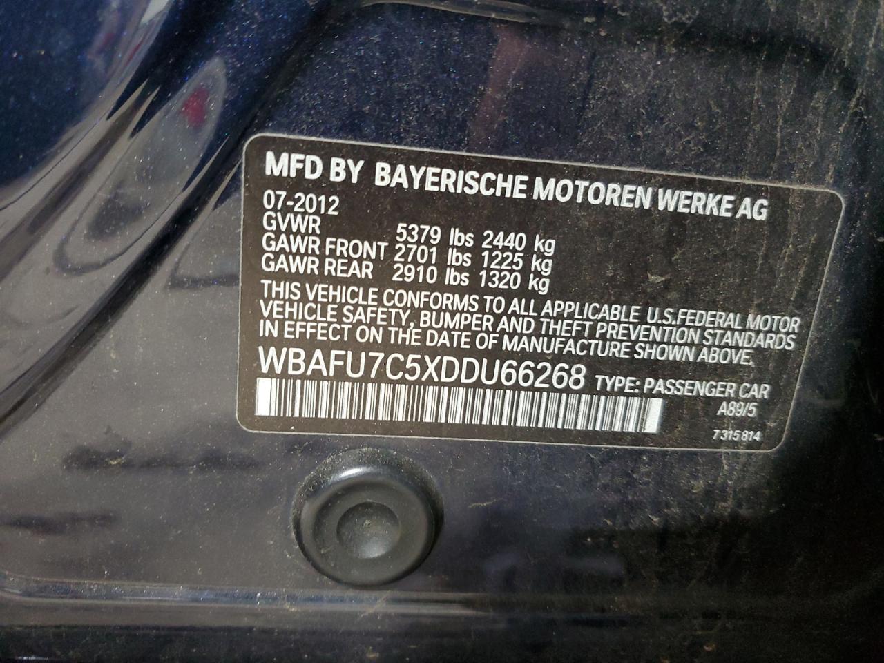 2013 BMW 535 Xi VIN: WBAFU7C5XDDU66268 Lot: 61950265