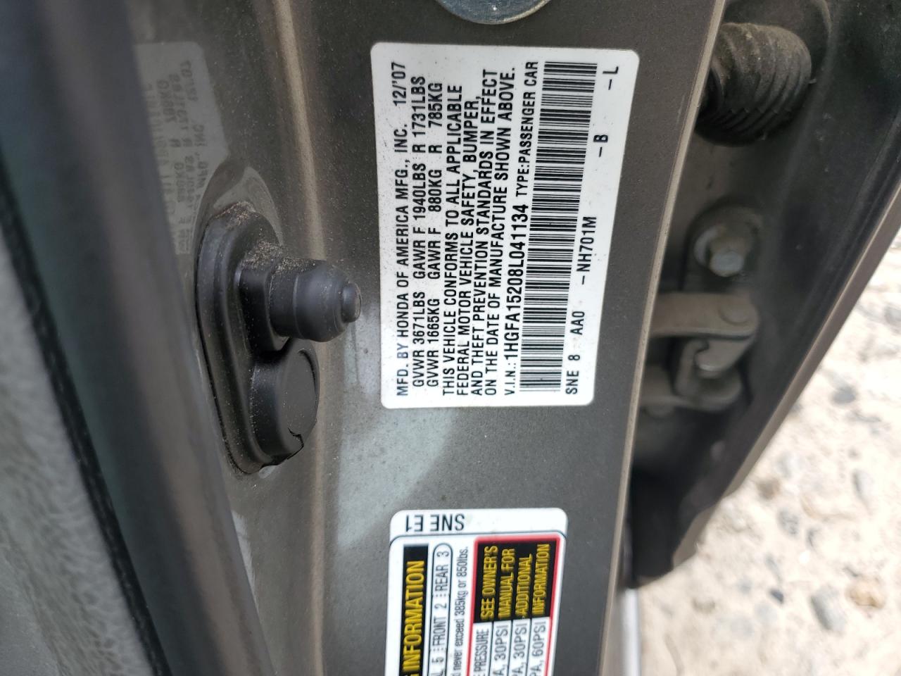 2008 Honda Civic Dx VIN: 1HGFA15208L041134 Lot: 60665185