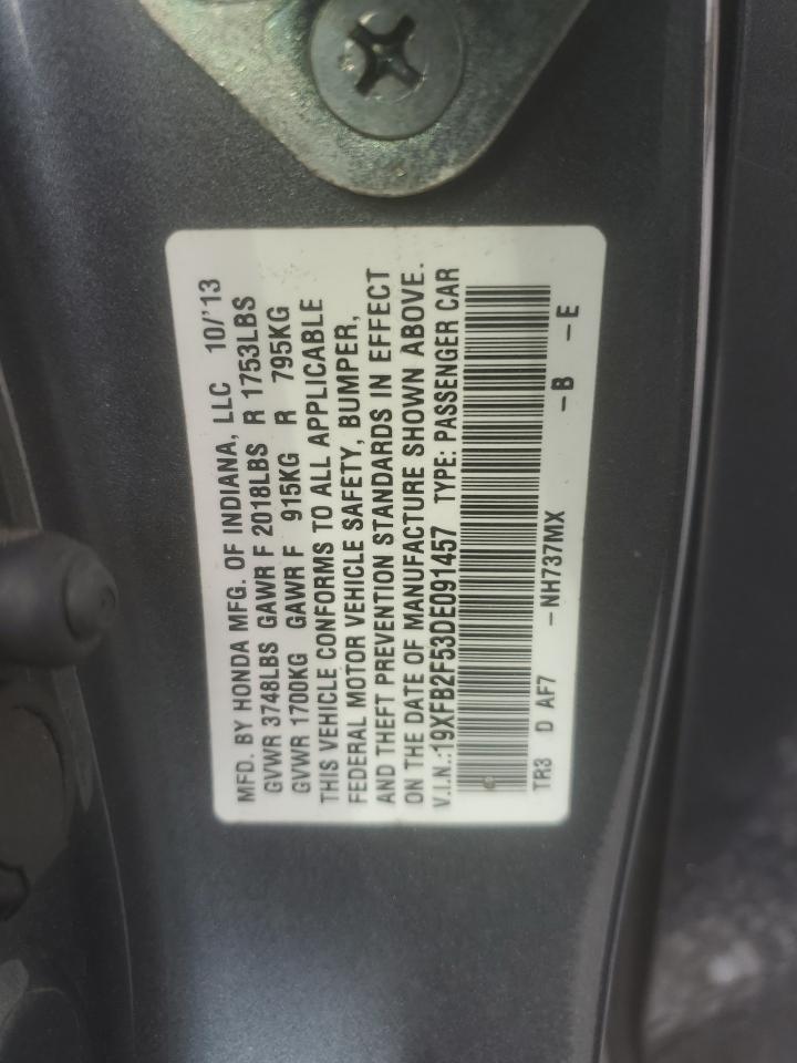 2013 Honda Civic Lx VIN: 19XFB2F53DE091457 Lot: 62691065