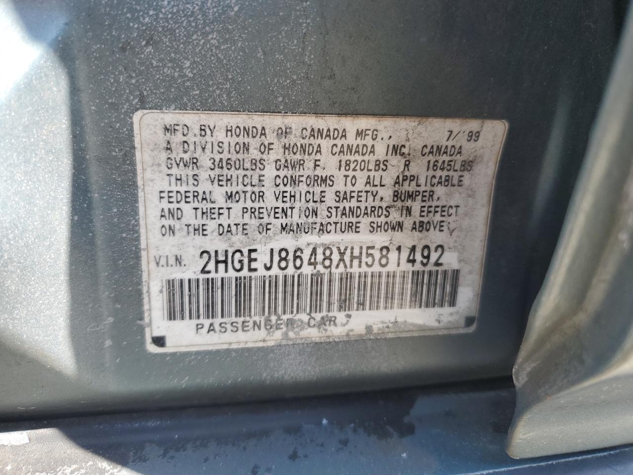 1999 Honda Civic Ex VIN: 2HGEJ8648XH581492 Lot: 59149175