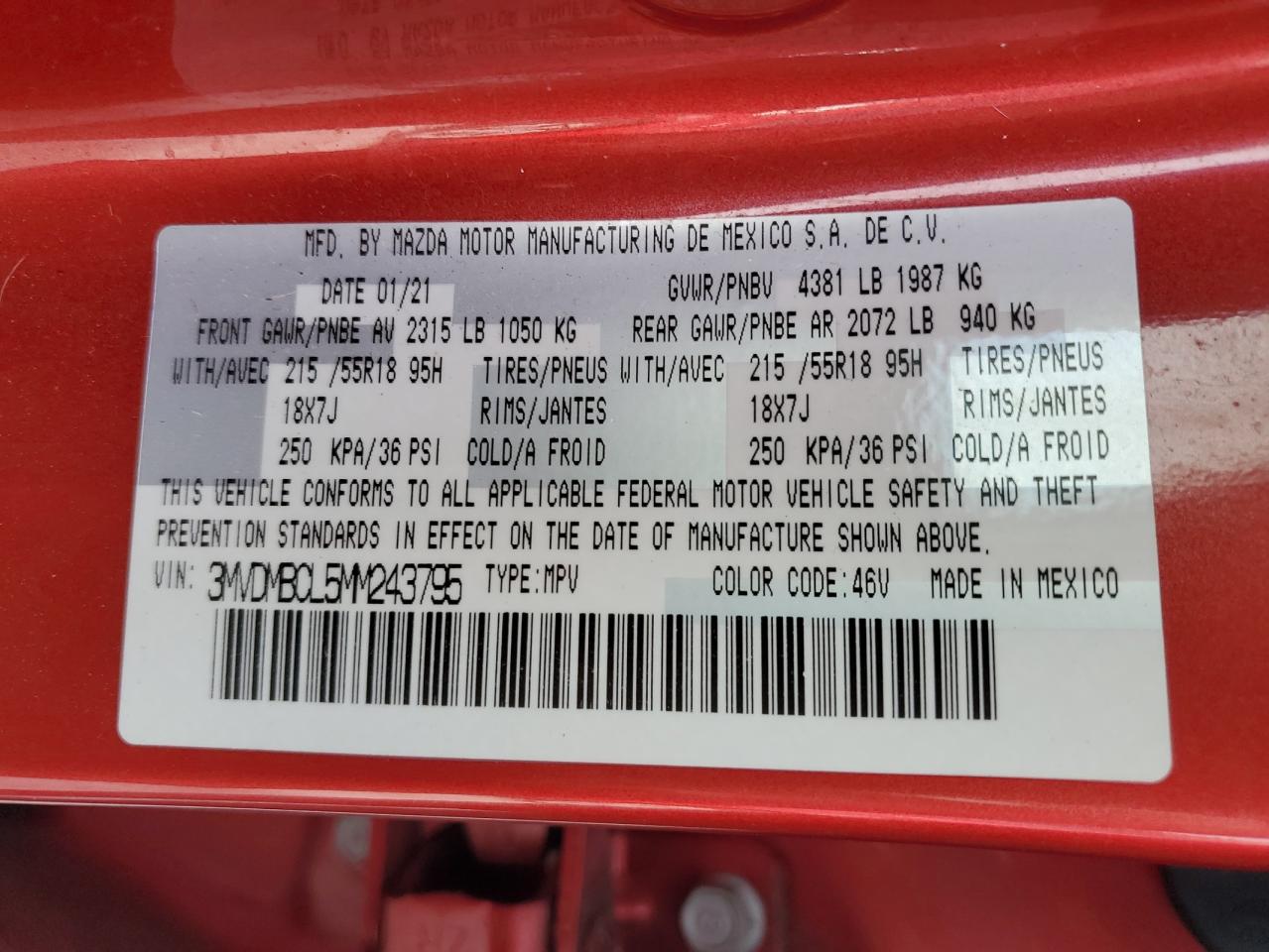 2021 Mazda Cx-30 Preferred VIN: 3MVDMBCL5MM243795 Lot: 62688055