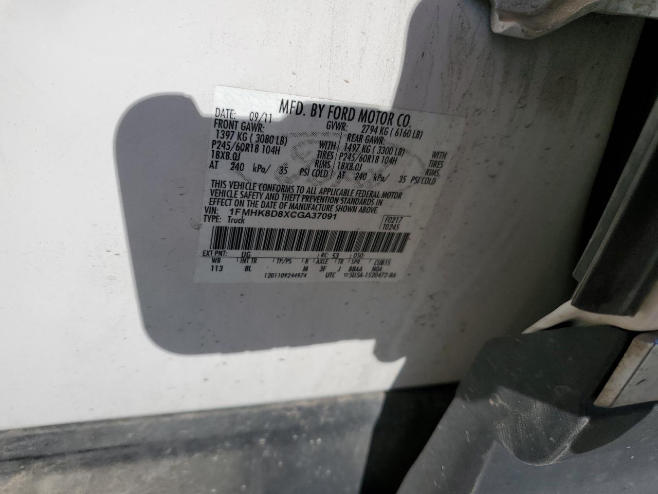 2012 Ford Explorer Xlt VIN: 1FMHK8D8XCGA37091 Lot: 63111395