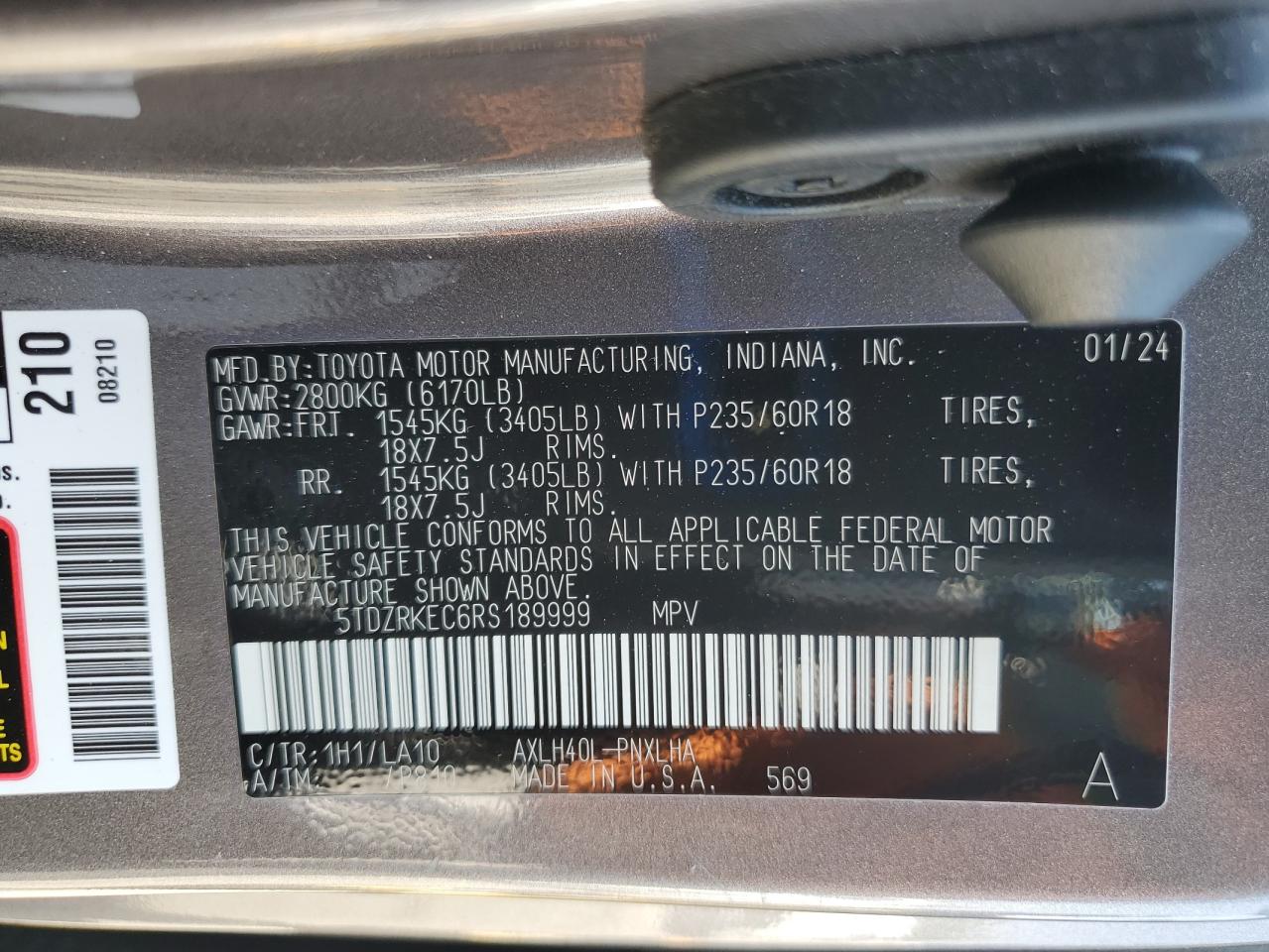 TOYOTA SIENNA 2024 VIN 5TDZRKEC6RS189999 zdjęcie 13