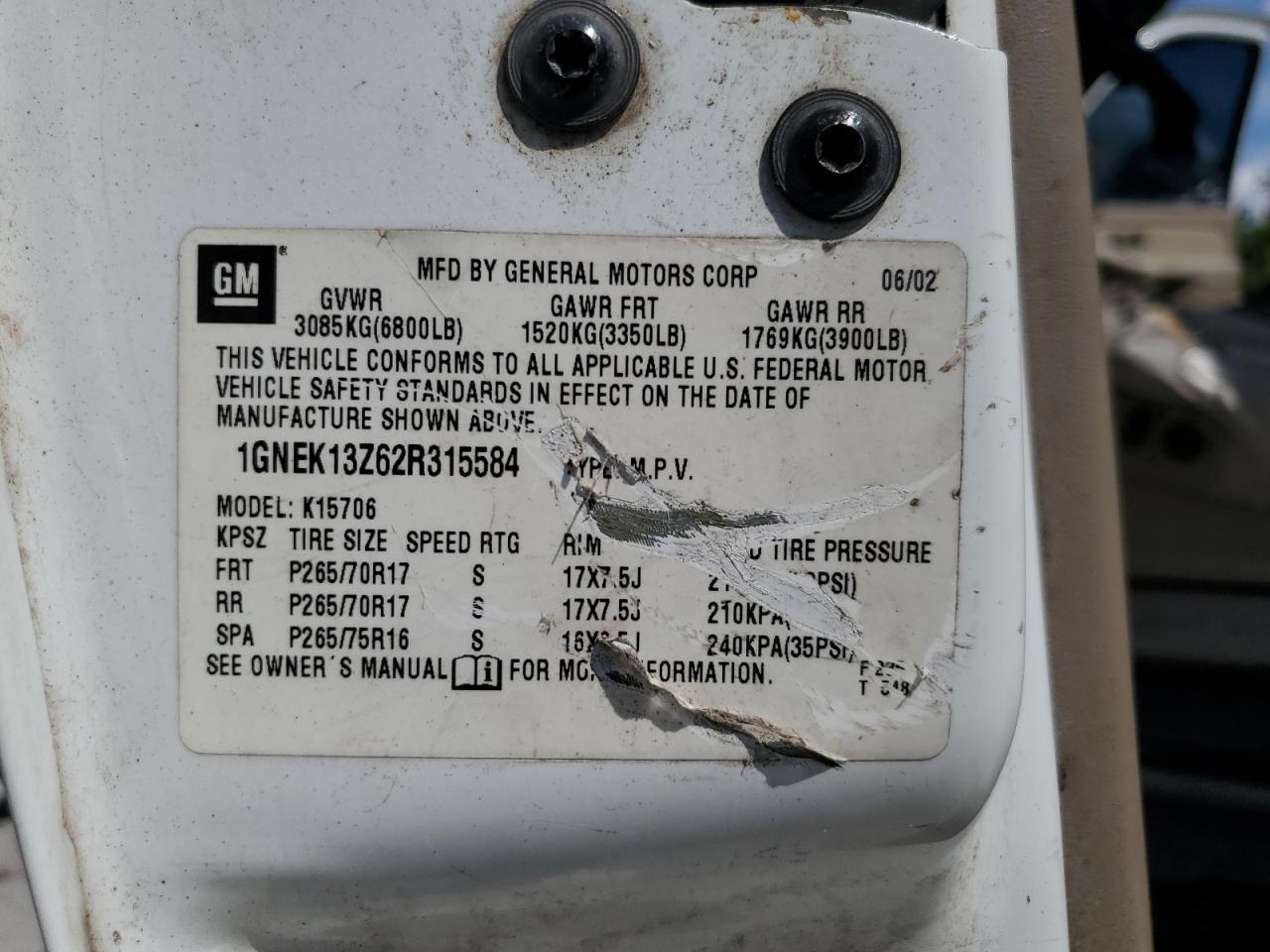 2002 Chevrolet Tahoe K1500 VIN: 1GNEK13Z62R315584 Lot: 61792185