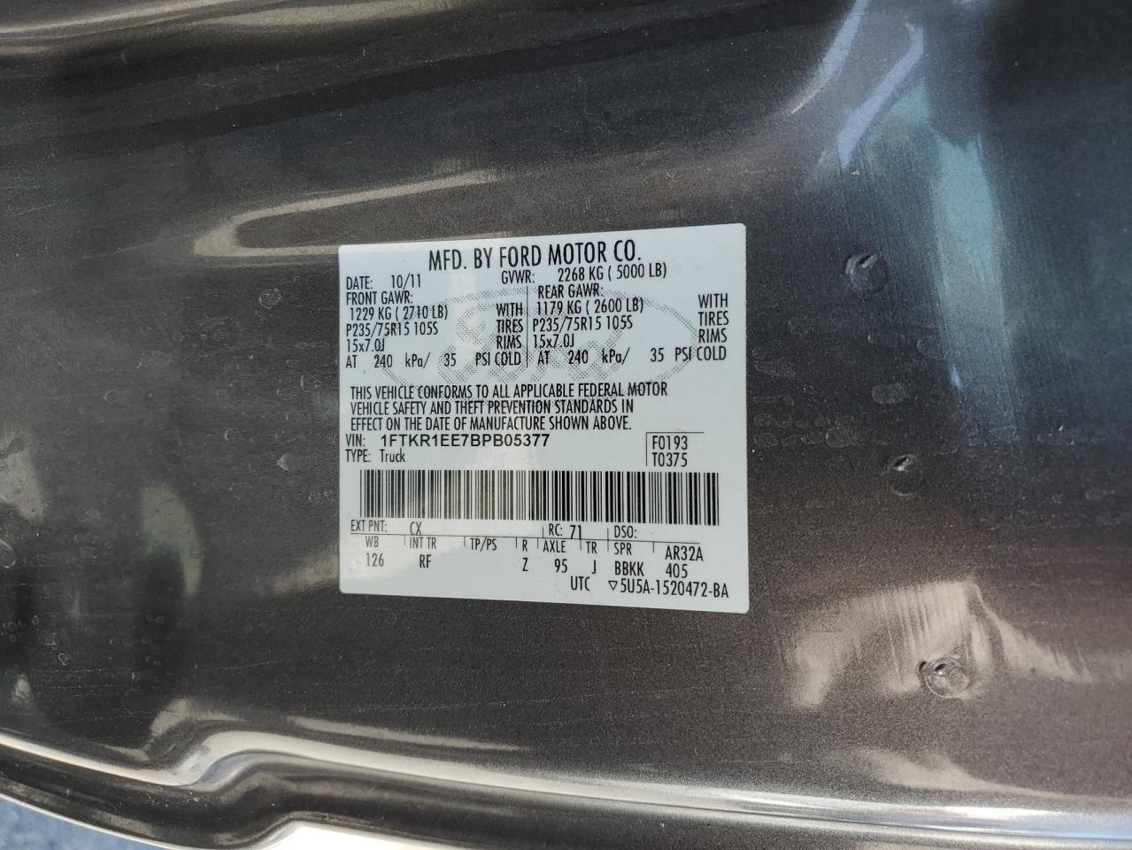 FORD RANGER 2011 VIN 1FTKR1EE7BPB05377 photo 12