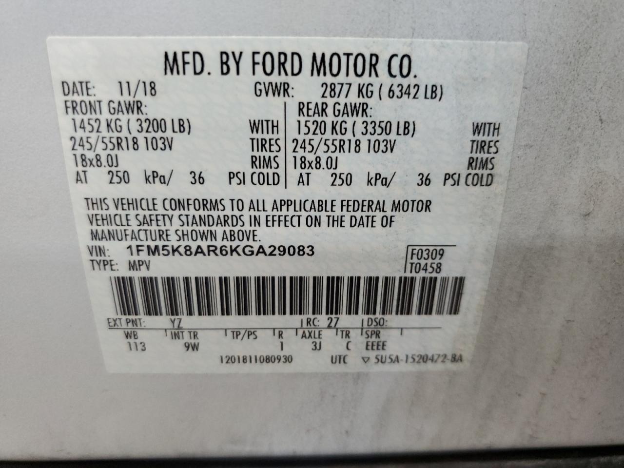 2019 Ford Explorer Police Interceptor VIN: 1FM5K8AR6KGA29083 Lot: 62586305