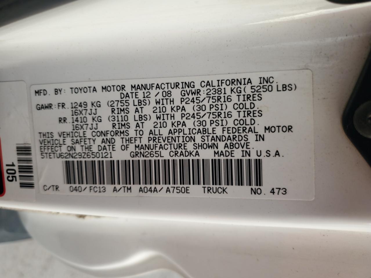 2009 Toyota Tacoma Prerunner Access Cab VIN: 5TETU62N29Z650121 Lot: 62497925