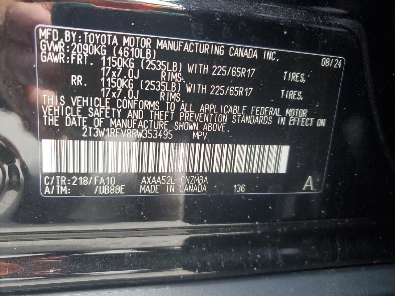 2024 Toyota Rav4 Xle VIN: 2T3W1RFV8RW353495 Lot: 63038545