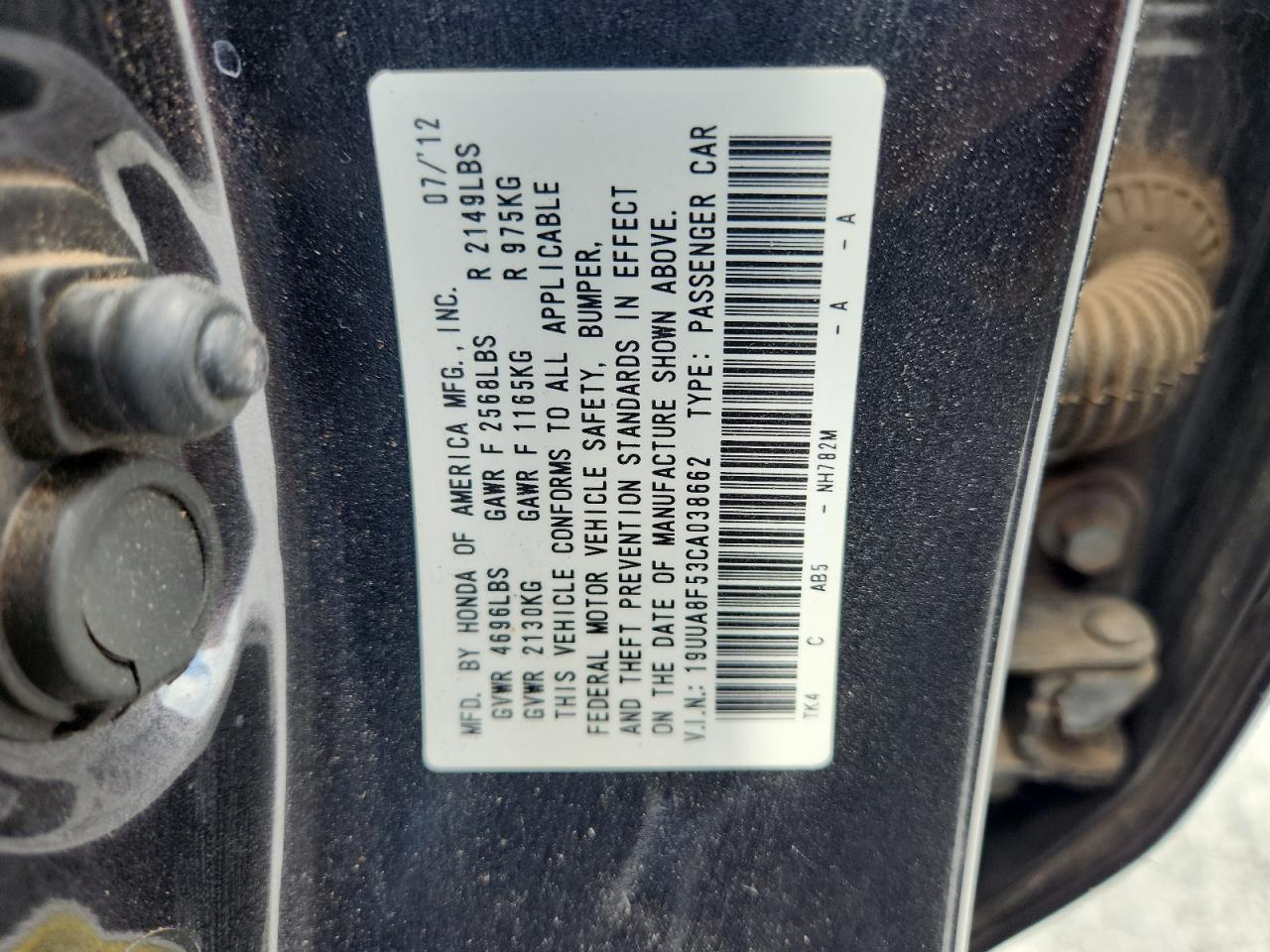 2012 Acura Tl VIN: 19UUA8F53CA038662 Lot: 62510965