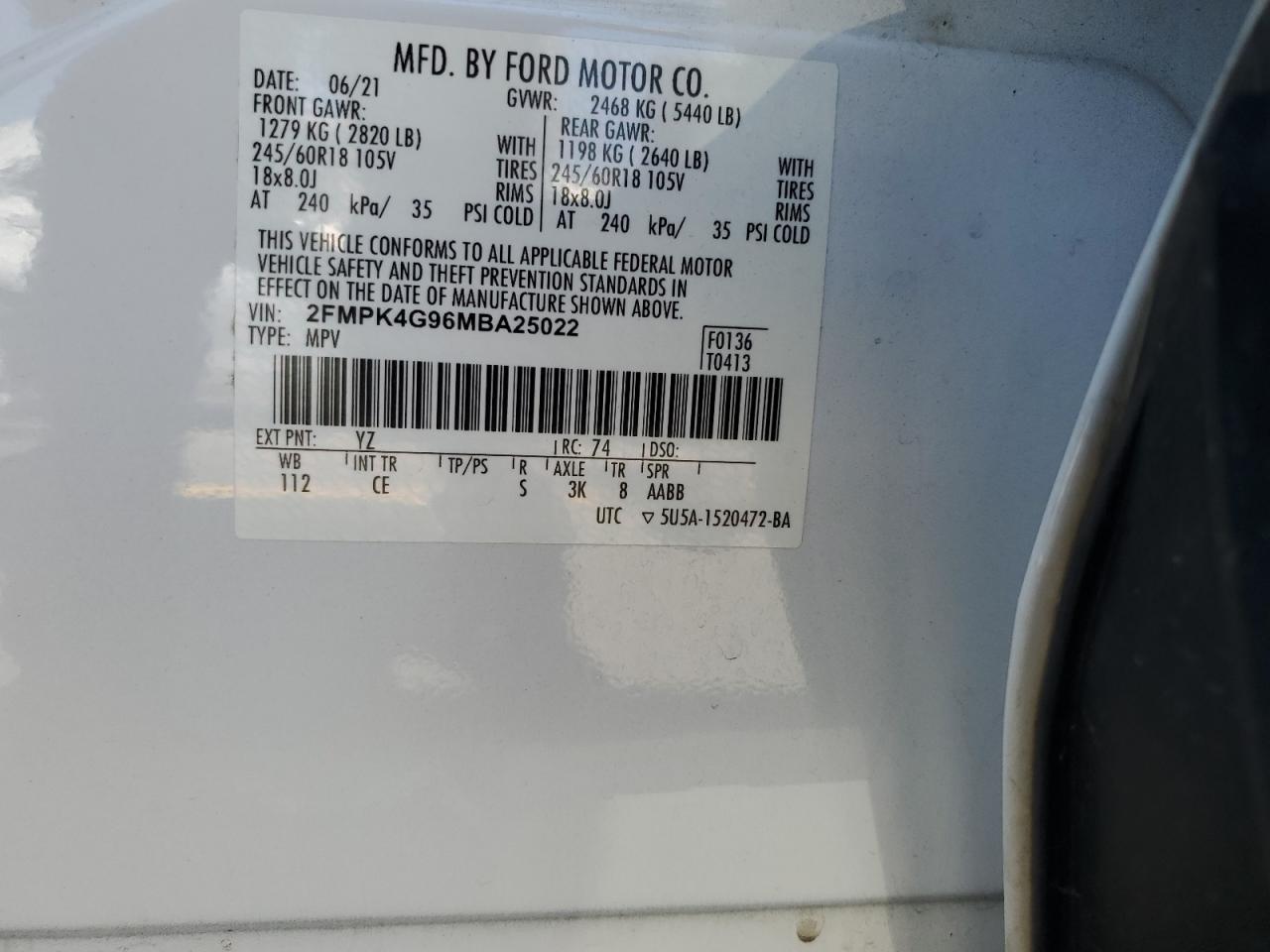 2021 Ford Edge Se VIN: 2FMPK4G96MBA25022 Lot: 62890725