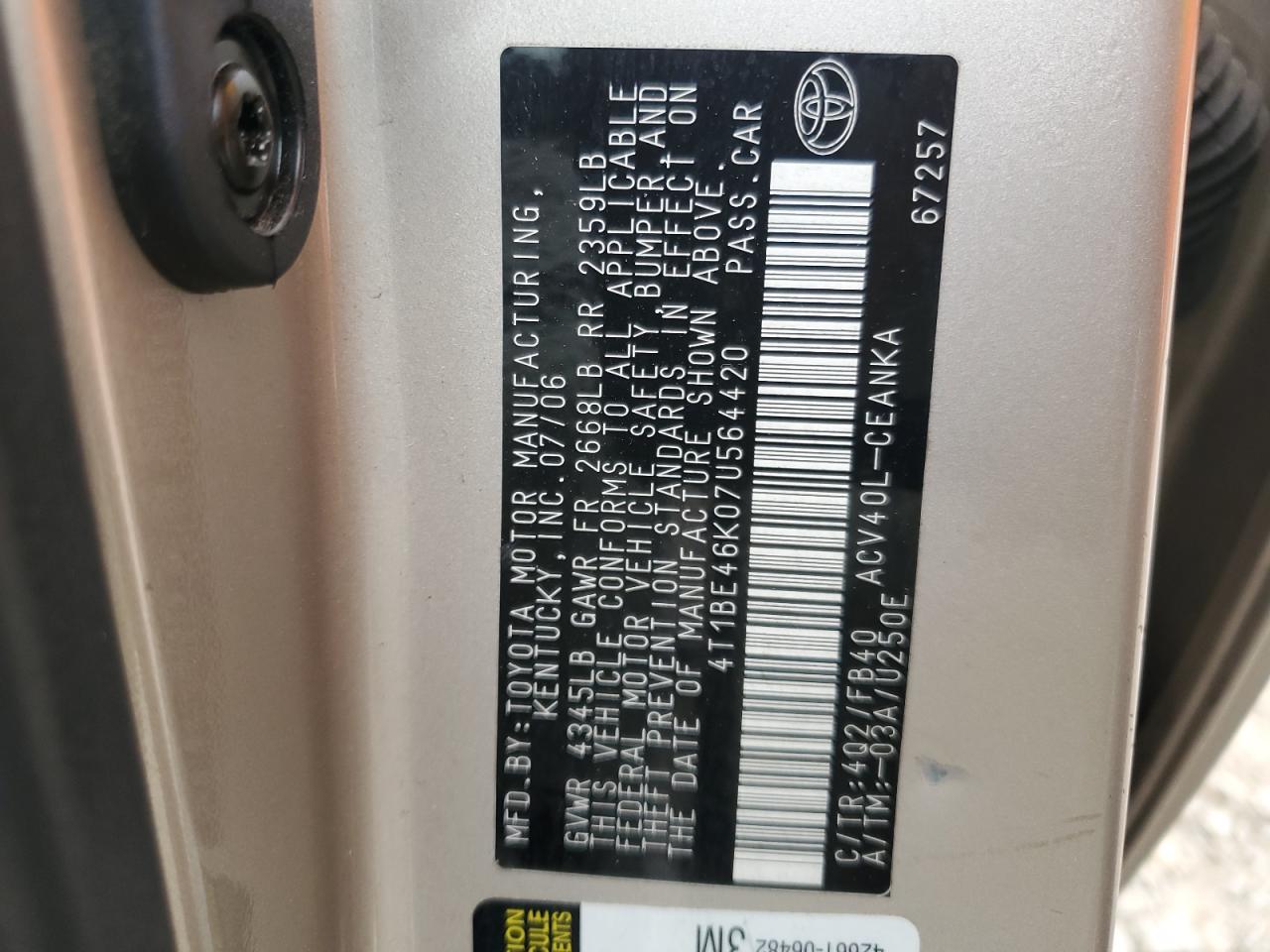 2007 Toyota Camry Ce VIN: 4T1BE46K07U564420 Lot: 62945545
