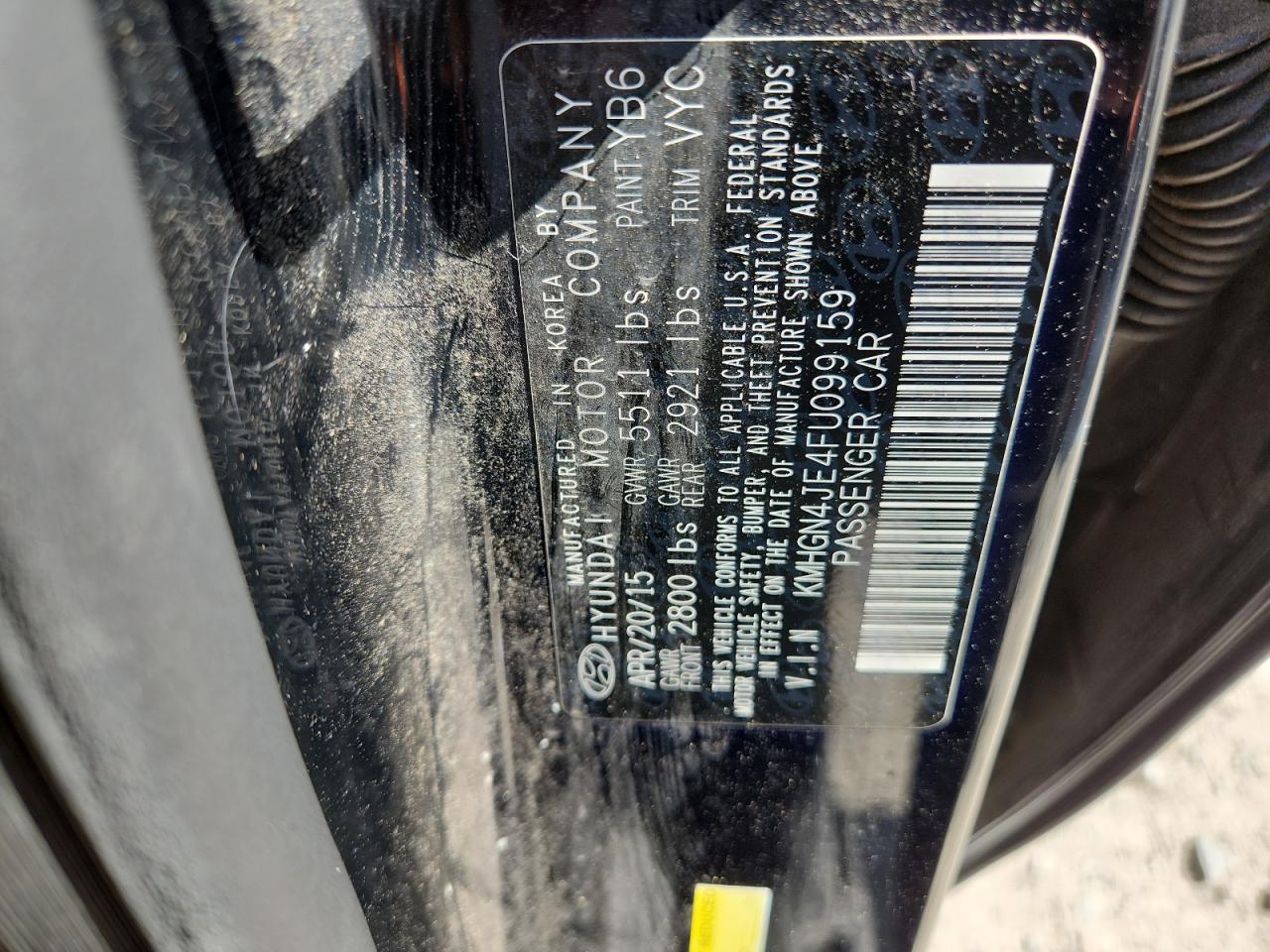 2015 Hyundai Genesis 3.8L VIN: KMHGN4JE4FU099159 Lot: 62660605