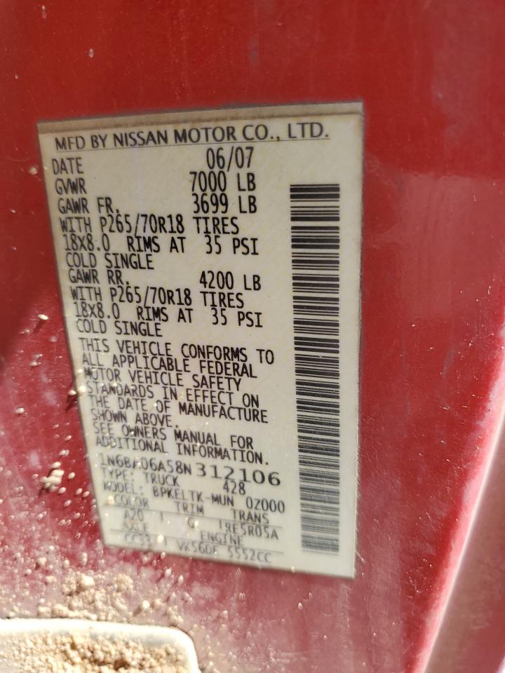 2008 Nissan Titan Xe VIN: 1N6BA06A58N312106 Lot: 62264115