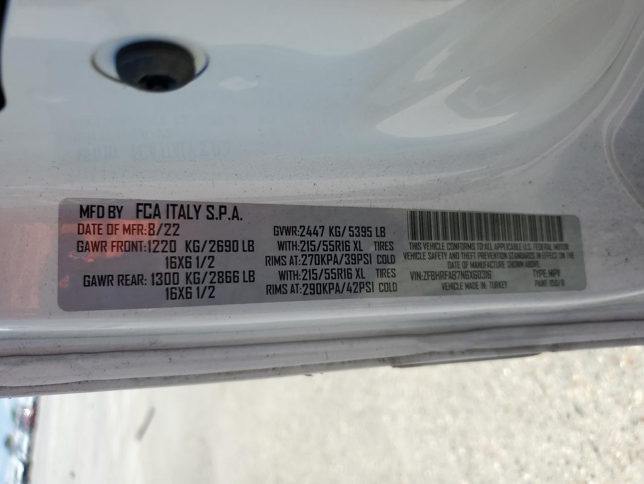 2022 Ram Promaster City Tradesman VIN: ZFBHRFAB7N6X60316 Lot: 62005425