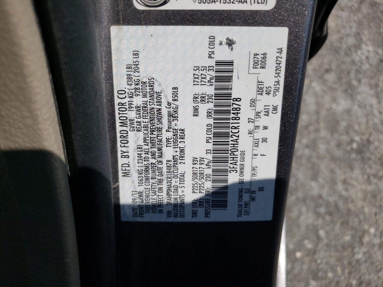 2012 Ford Fusion Se VIN: 3FAHP0HA2CR184878 Lot: 58777635