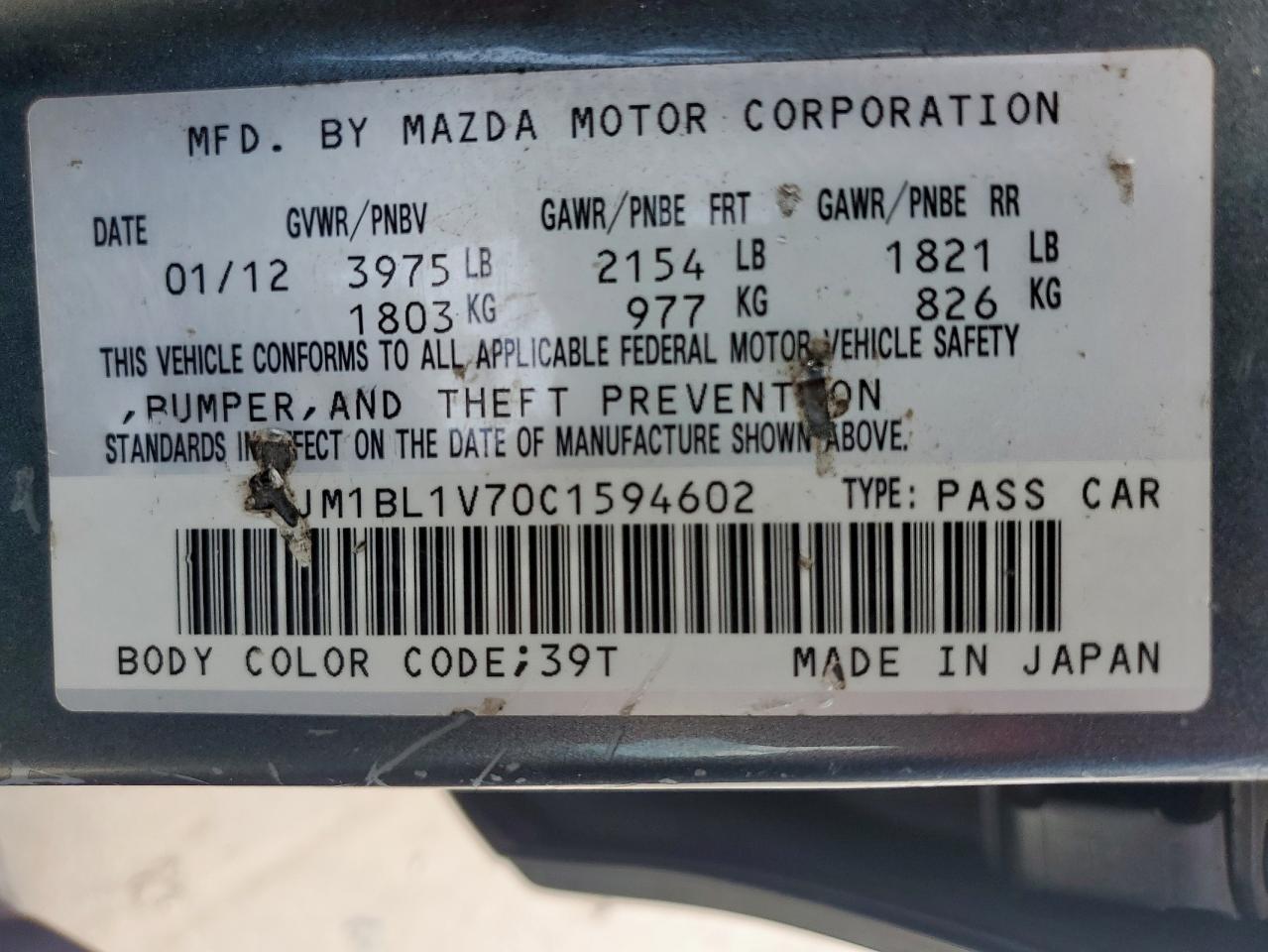 2012 Mazda 3 I VIN: JM1BL1V70C1594602 Lot: 61580375