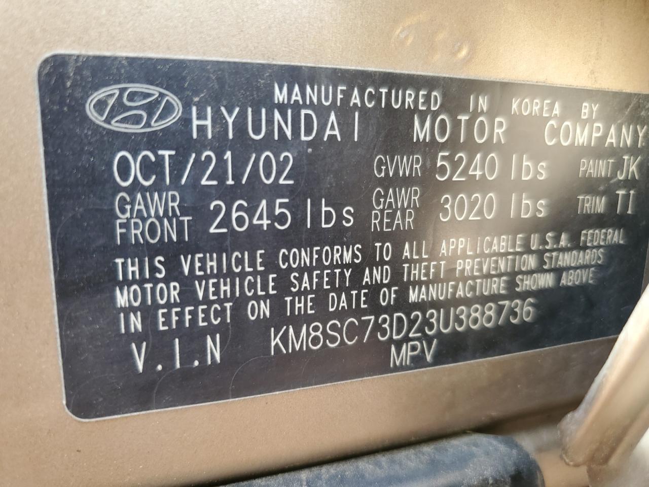2003 Hyundai Santa Fe Gls VIN: KM8SC73D23U388736 Lot: 61809715