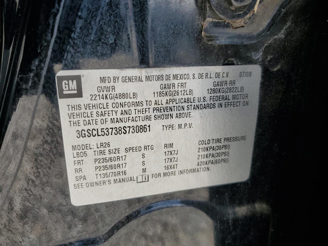 2008 Saturn Vue Xr VIN: 3GSCL53738S730861 Lot: 61656115