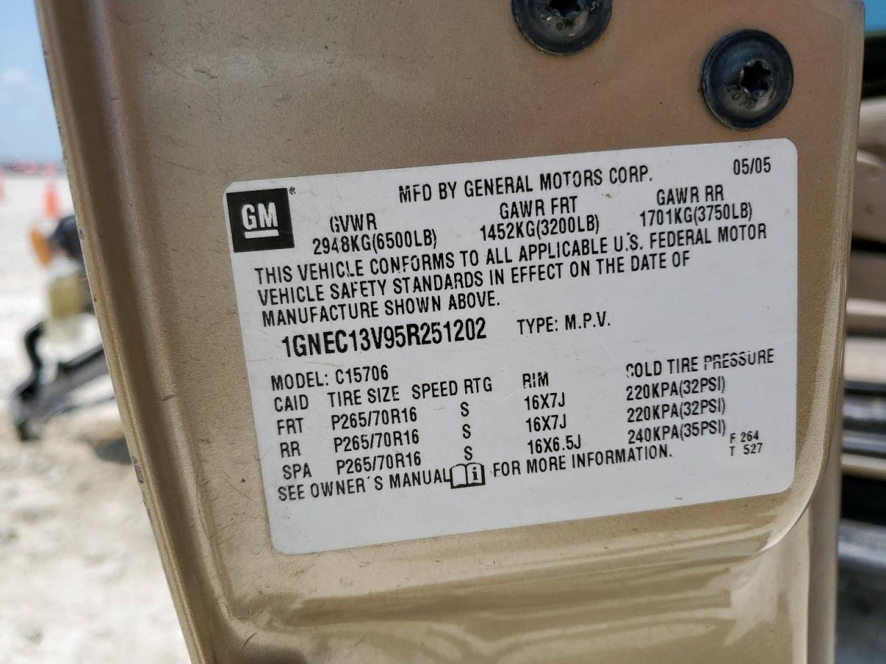 2005 Chevrolet Tahoe C1500 VIN: 1GNEC13V95R251202 Lot: 60057275