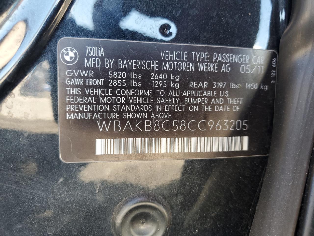 2012 BMW 750 Li VIN: WBAKB8C58CC963205 Lot: 61943225