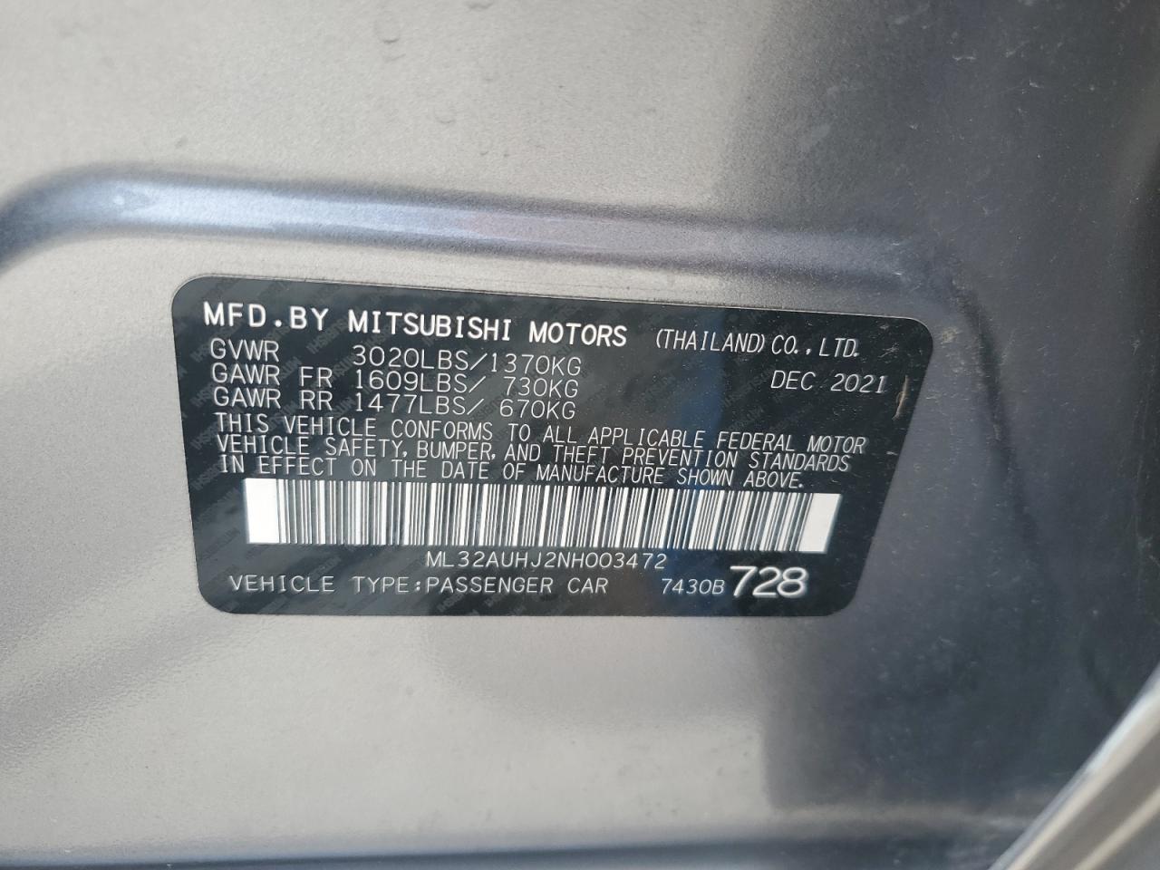 2022 Mitsubishi Mirage Es VIN: ML32AUHJ2NH003472 Lot: 60656595