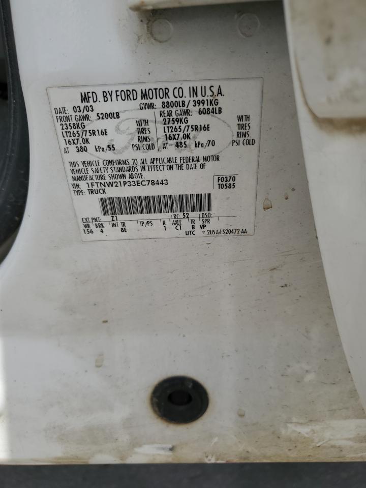 2003 Ford F250 Super Duty VIN: 1FTNW21P33EC78443 Lot: 60372975