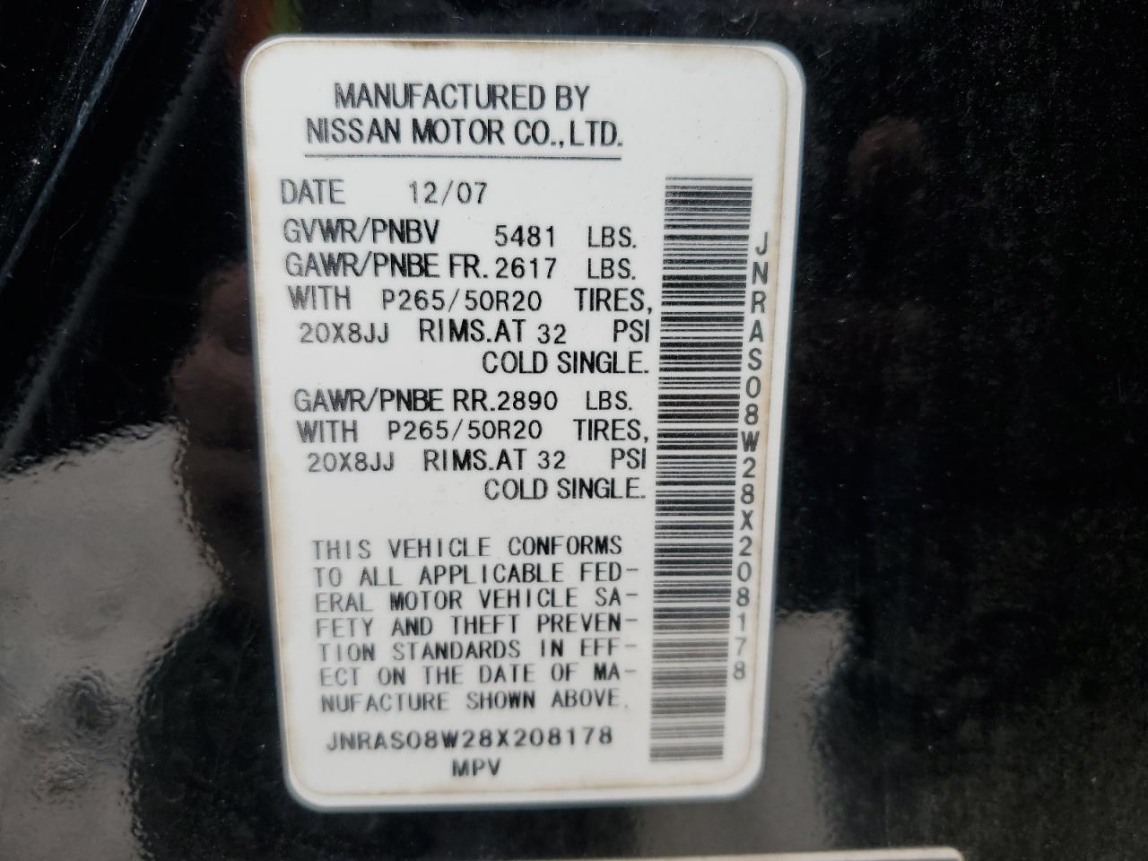 2008 Infiniti Fx35 VIN: JNRAS08W28X208178 Lot: 62330405