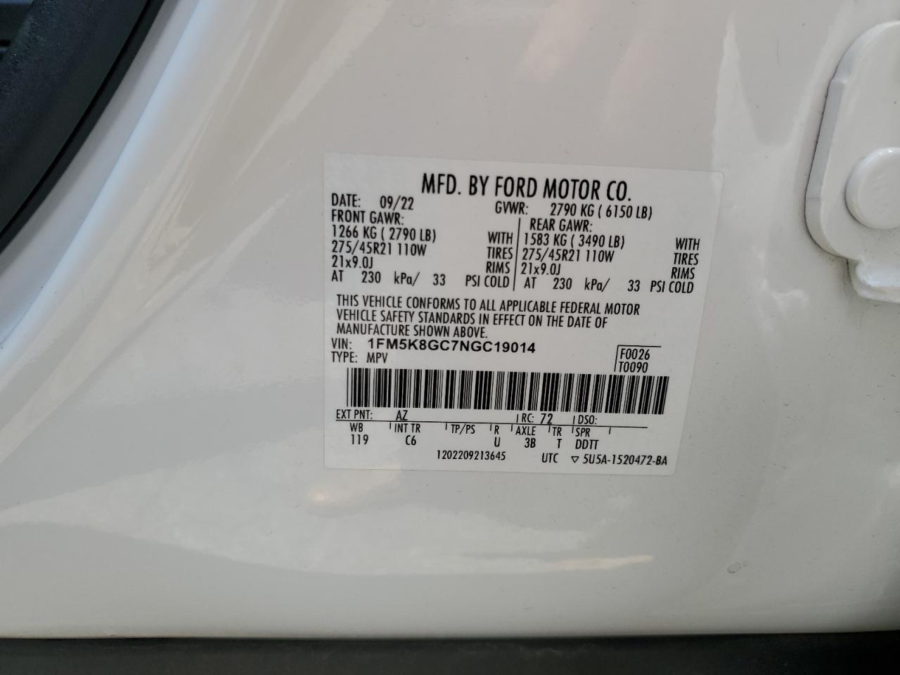 2022 Ford Explorer St VIN: 1FM5K8GC7NGC19014 Lot: 62334765