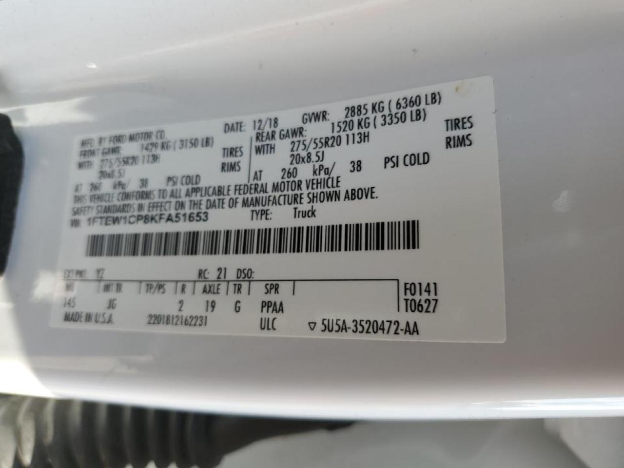 2019 Ford F150 Supercrew VIN: 1FTEW1CP8KFA51653 Lot: 62349585