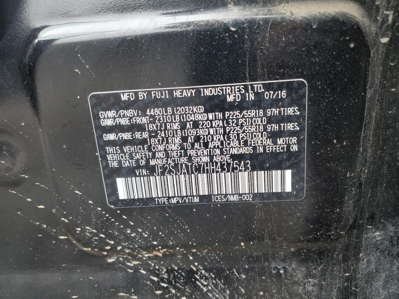 2017 Subaru Forester 2.5I Touring VIN: JF2SJATC7HH437543 Lot: 60866985