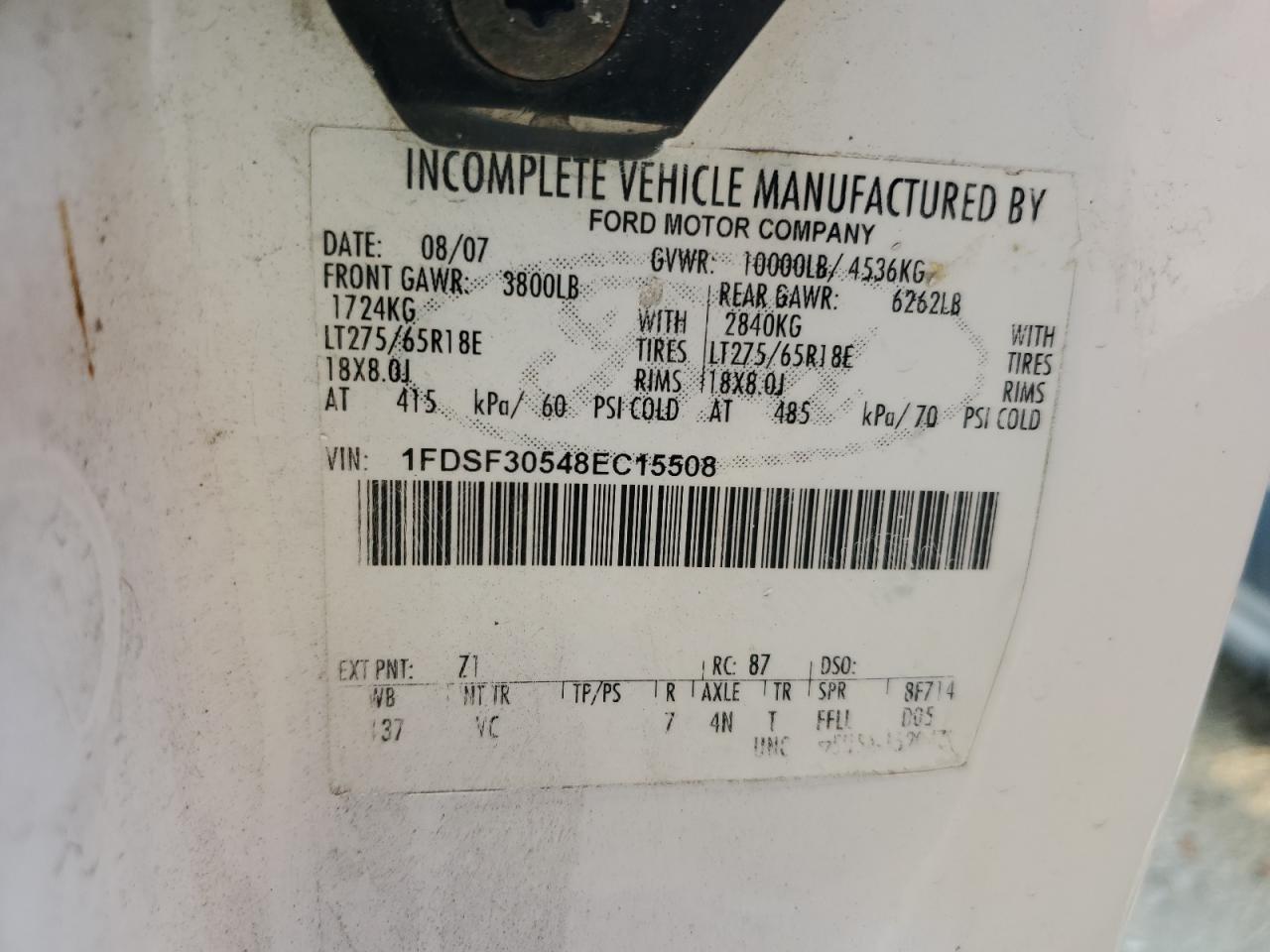 2008 Ford F350 Srw Super Duty VIN: 1FDSF30548EC15508 Lot: 60143495