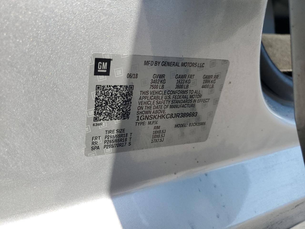2018 Chevrolet Suburban K1500 Lt VIN: 1GNSKHKC8JR389693 Lot: 61764965