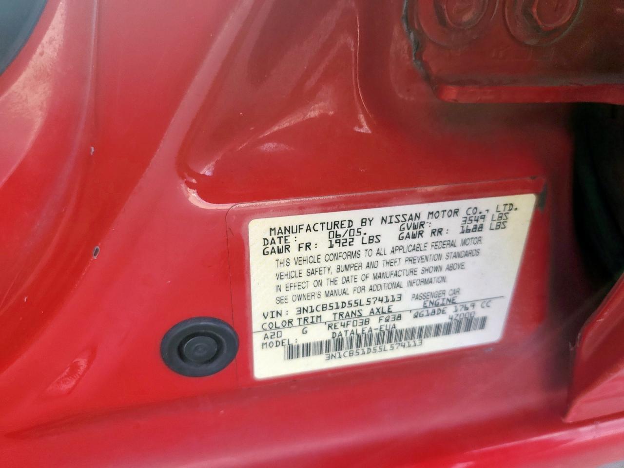2005 Nissan Sentra 1.8 VIN: 3N1CB51D55L574113 Lot: 62112405