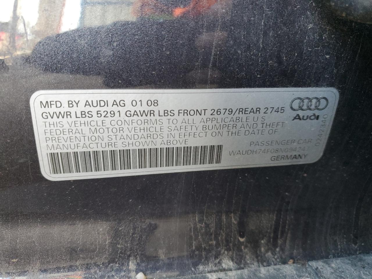2008 Audi A6 3.2 Quattro VIN: WAUDH74F08N094247 Lot: 58386485