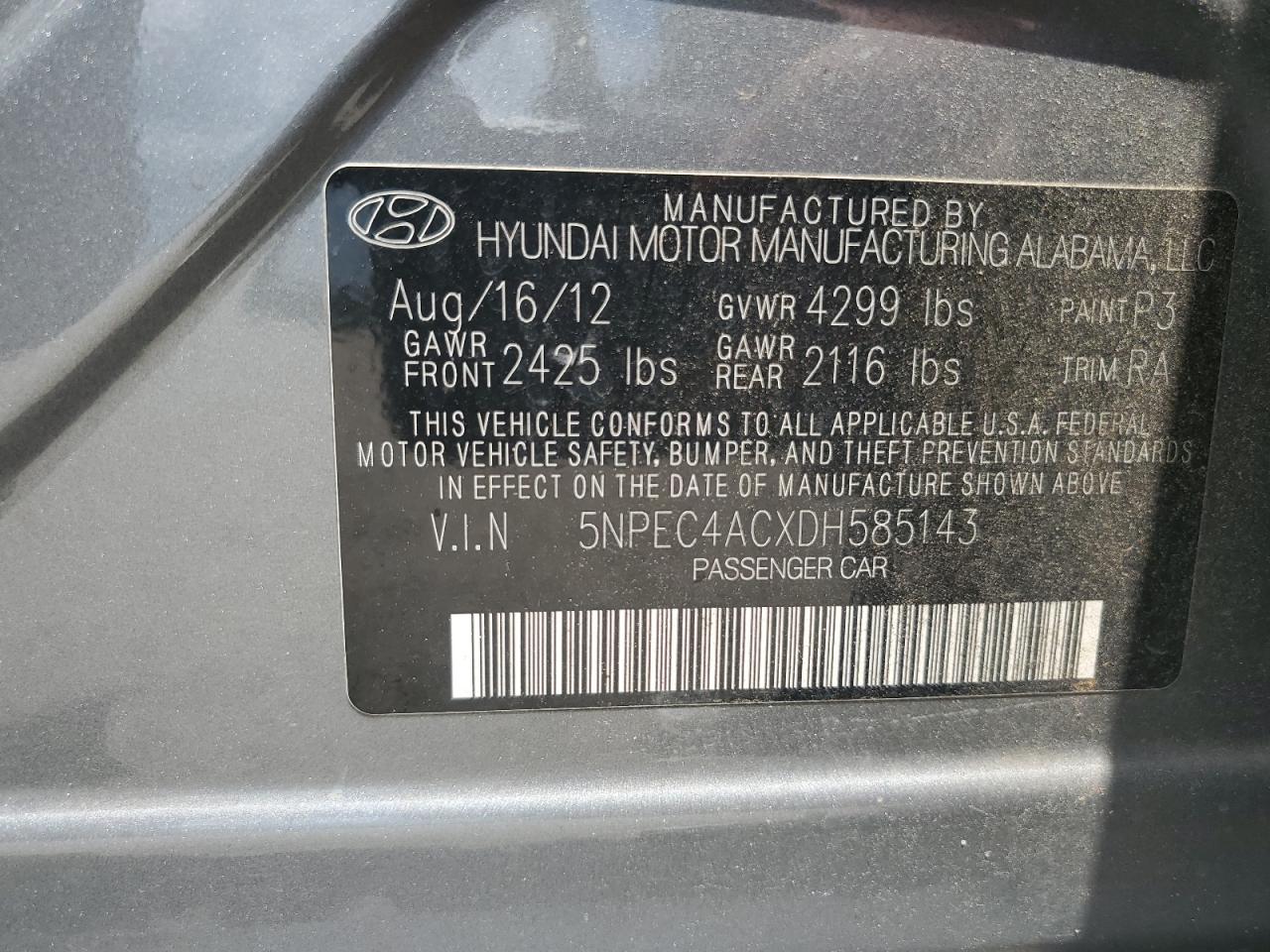2013 Hyundai Sonata Se VIN: 5NPEC4ACXDH585143 Lot: 61847975